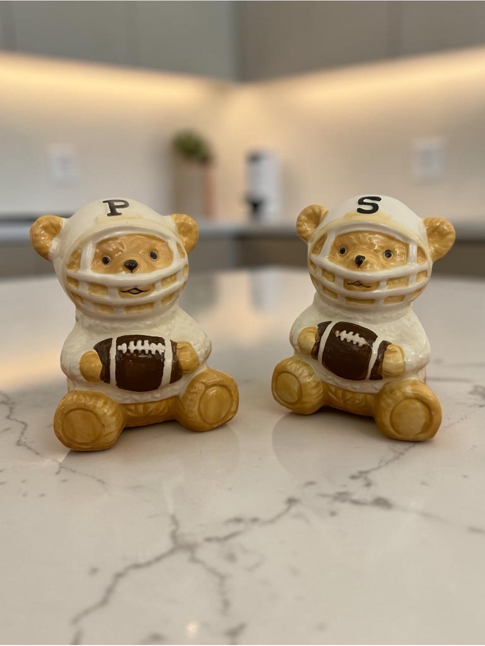 Ceramic Football Bear Salt & Pepper Shakers - New